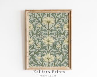 Art Nouveau Floral Print, Botanical Pattern, Green and Cream (Digital Download)