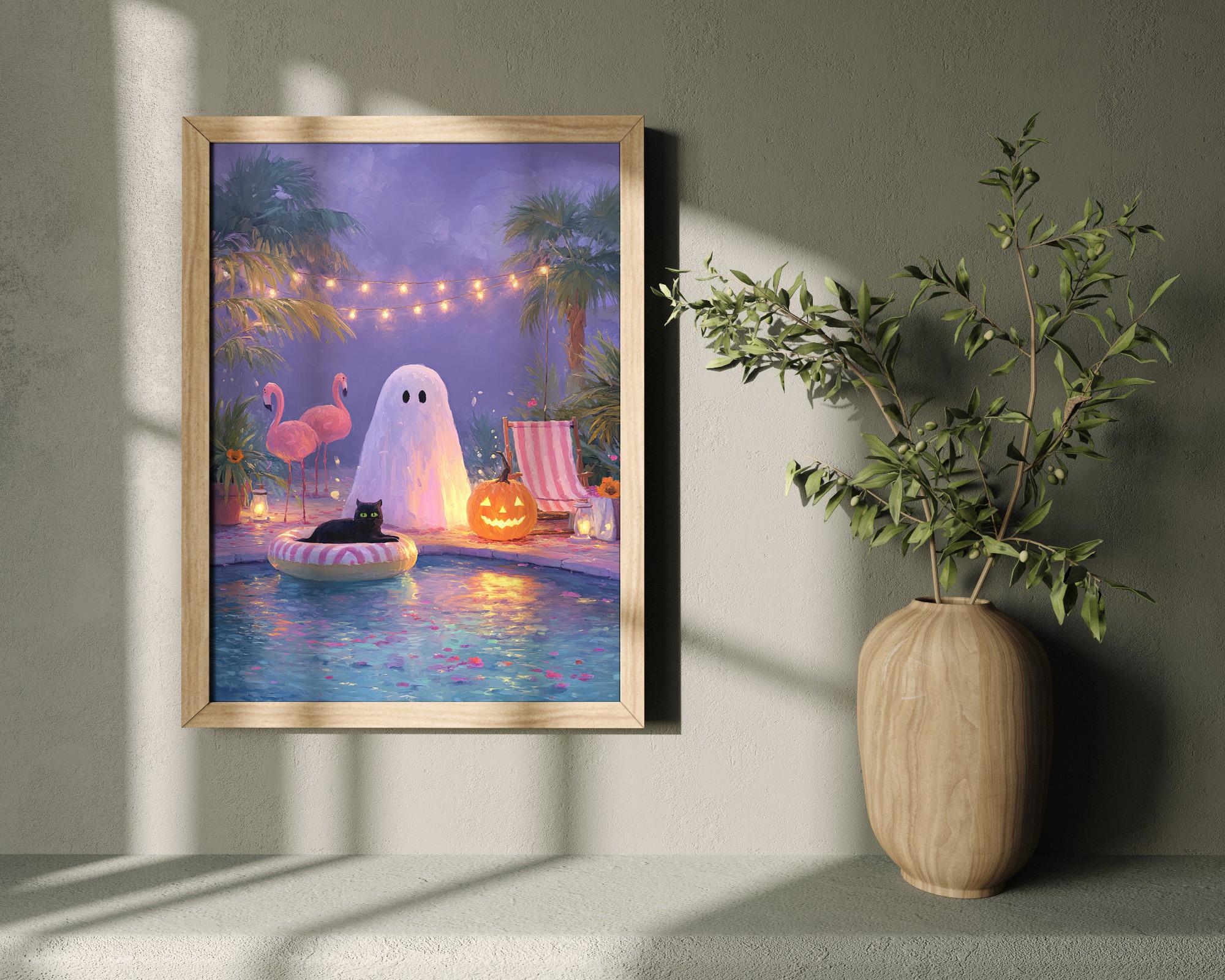 Halloween Pool Party Print – Spooky Ghost, Black Cat, Tropical