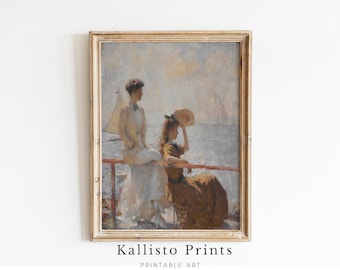 Vintage Seaside Painting – Victorian Women, Coastal Sailboats (Digital Download)