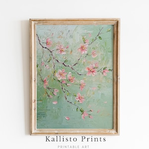Pink Blossom Branch Oil Painting Printable Wall Art, Pastel Spring Floral Artwork Digital Download, Impressionist Nature Home Decor/597