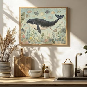 Lámina artística de ballenas y vida marina / Decoración costera oceánica (descarga digital) imagen 2