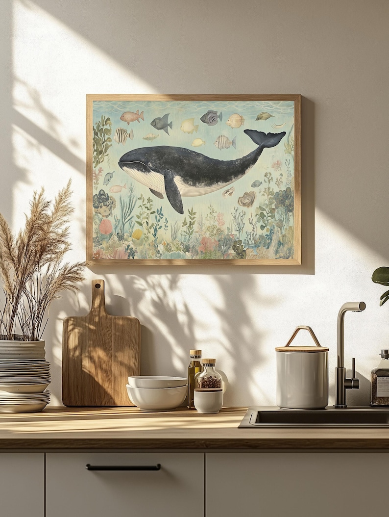 Lámina artística de ballenas y vida marina / Decoración costera oceánica (descarga digital) imagen 2