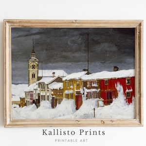 Snow-Covered Village Art Print | Rustic Winter Town Scene with Colorful Houses | Vintage Holiday Wall Decor | Winter Printable Art/271
