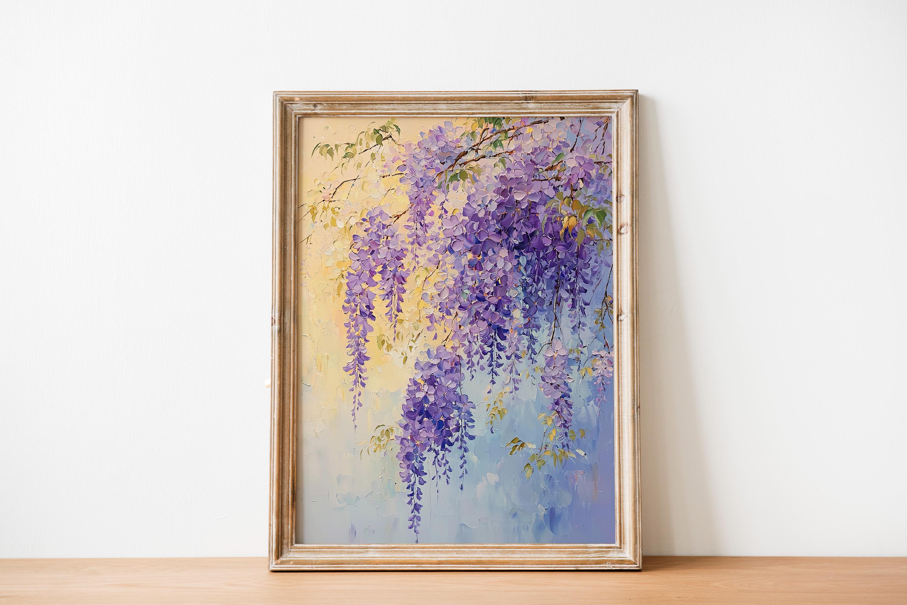 紫の藤の花柄プリント、パステルカラーのボタニカルウォールアート
