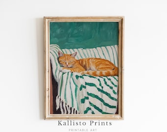 ストライプ柄の猫アートプリント 居心地の良いトラ猫のアートプリント：ストライプ柄の毛布のイラスト