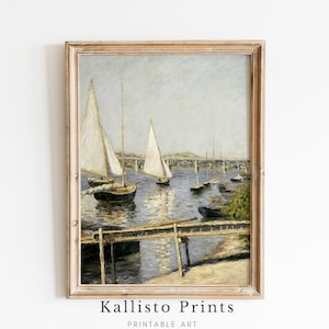 Vintage Segelboot Hafen druckbare Kunst, ruhige nautische Landschaft, klassische Küsten Dekor digitaler Download / 127