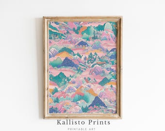 Puede incluir: Una impresión enmarcada de un paisaje abstracto colorido con tonos rosas, azules, verdes y amarillos. La impresión presenta un patrón repetitivo de montañas y colinas.