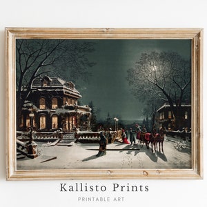 Victorian Christmas Gathering Art Print | Festive Winter Night Scene with Horse-Drawn Carriages| Vintage Xmas/274