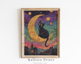Mystical Black Cat Art Print, Gothic Celestial Moon (Digital Download)