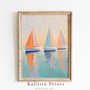 Pastel Sailboats Digital Print, Nautical Wall Art, Coastal Seascape Painting, Minimalist Ocean Decor 1026