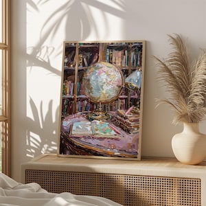 Arte de pared con globo terráqueo antiguo - Escena de biblioteca antigua - Descarga digital de sala de estudio - Decoración de mapas y libros - Obra de arte de oficina académica/535