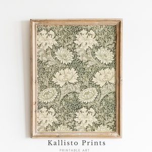 Vintage Textile Art Print | Vintage Botanical Floral Print | Green and Cream Cottagecore Wall Art | Antique Style /AST156