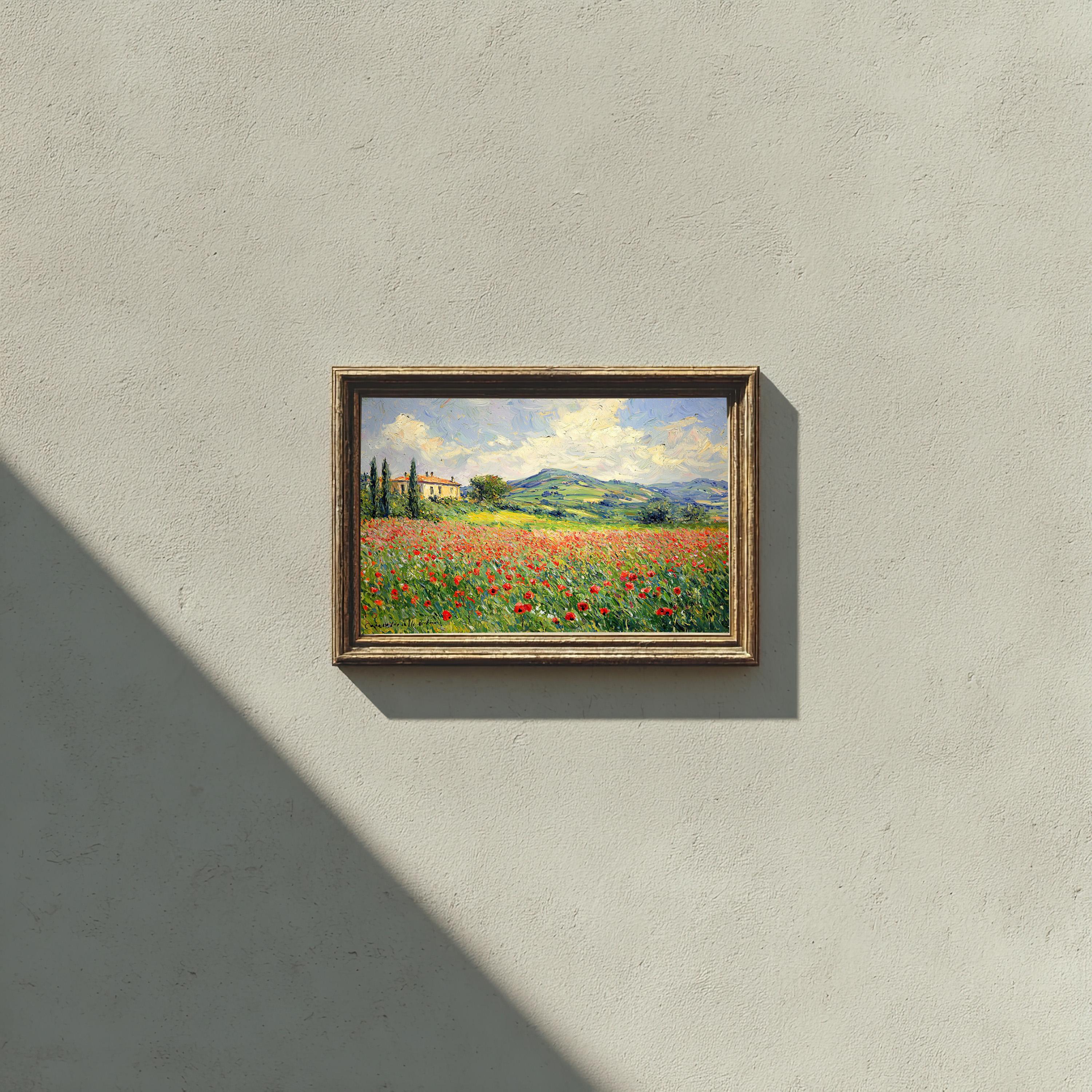 トスカーナのポピー畑のアートプリント - イタリア印象派の風景画
