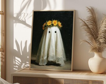 Sunflower Crown Ghost – Whimsical Halloween Art Print 1447