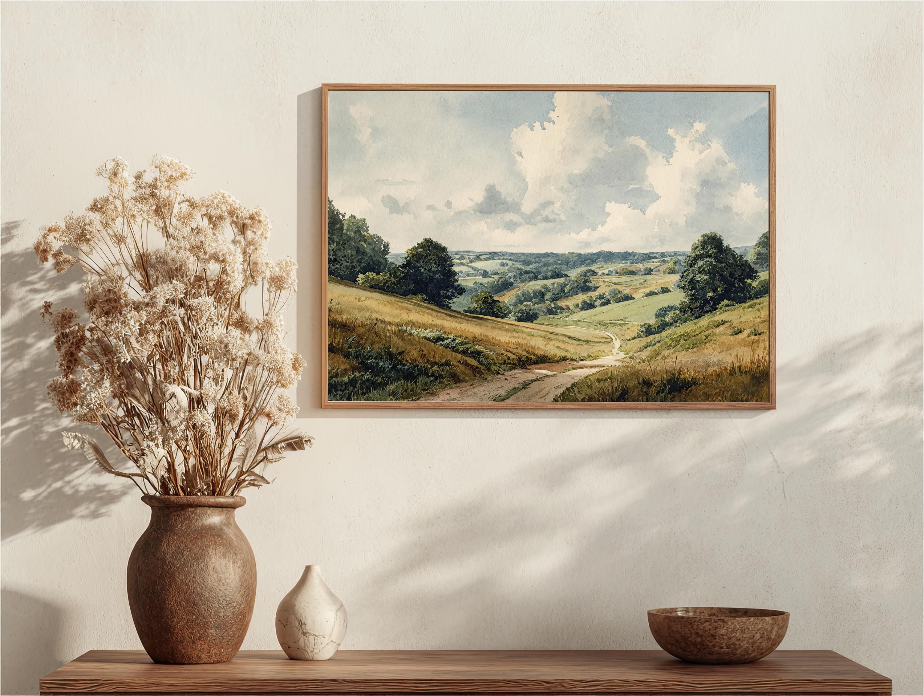 なだらかな丘陵の風景画 - 田園風景の水彩画（デジタルダウンロード