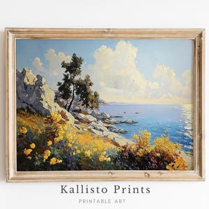 Mediterranean Coastal Landscape Print, Seaside Cliff Painting, Ocean Horizon Artwork, Nautical Beach Decor, Travel Lover Gift 1141