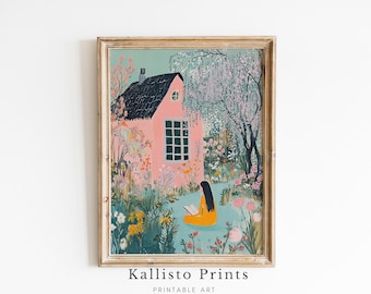 Cottagecore Garden Painting, Girl Reading by Pink House (Digital Download)