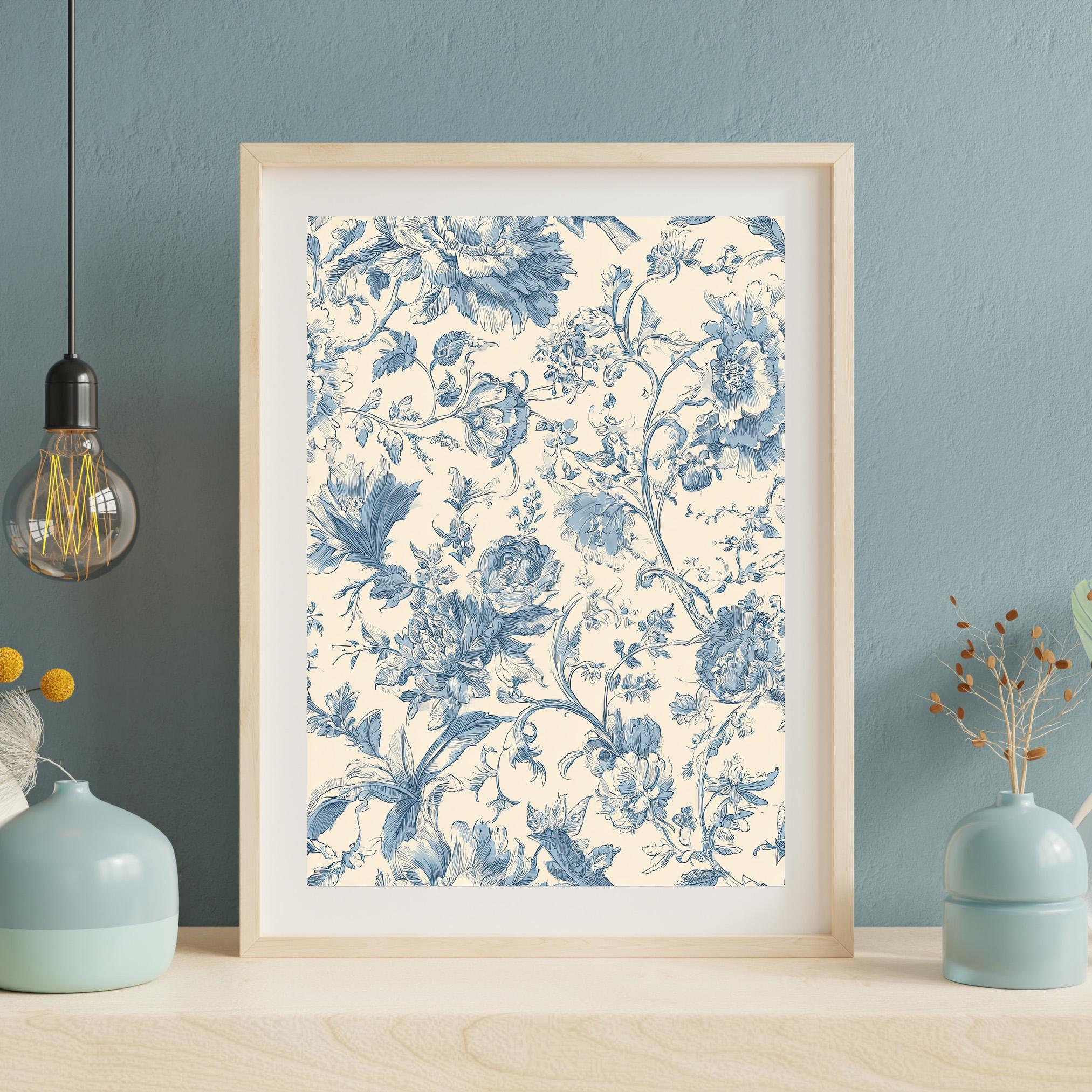 Blue Toile Floral Wall Art Download – French Country Botanical Print ...