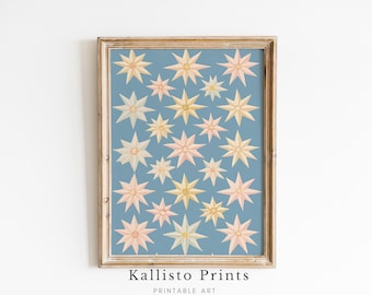 Vintage Star Pattern Print, Celestial Wall Art, Blue Background Digital Print, Cosmic Aesthetic Home Decor, Starry Sky Art Gift 1013