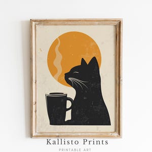 Coffee Cat Art Print, Cozy Black Cat Wall Art, Minimalist Cat Coffee Decor /418