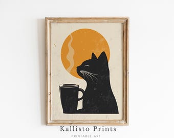 Retro Cat Coffee Print, Minimalist Black Cat Lover Decor (Digital Download)
