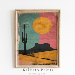 Southwestern Desert Art Print, Cactus and Sunset Landscape, Boho Minimalist Wall Decor /414