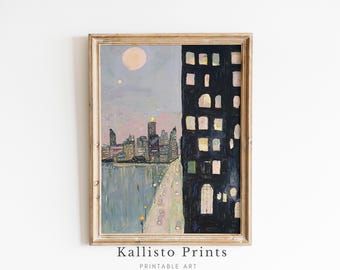 Cityscape Night Print, Urban Impressionist Painting (Digital Download)