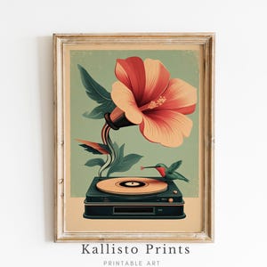May include: A vintage-style illustration of a red hibiscus flower with green leaves, a hummingbird, and a retro-style record player. The image is set against a light green background.