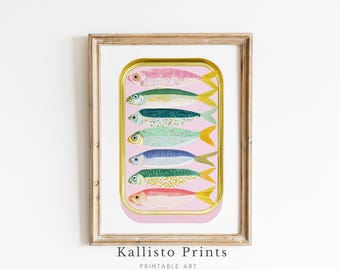 Decorazione murale con lattina di sardine colorata, stampa moderna di cucina a base di pesce, illustrazione retrò di frutti di mare, arredamento costiero eccentrico, poster di cibo mediterraneo 1209