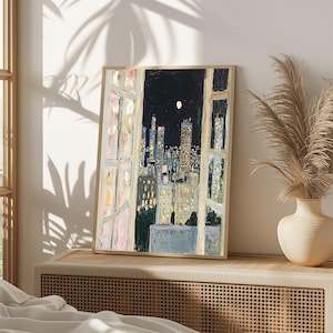 Romantic Cityscape Window View Print – Night Skyline Wall Art, Impressionist City Lights Painting, Urban Aesthetic Gift 1073
