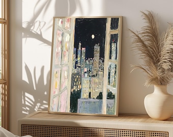 Romantic Cityscape Window View Print – Night Skyline Wall Art, Impressionist City Lights Painting, Urban Aesthetic Gift 1073