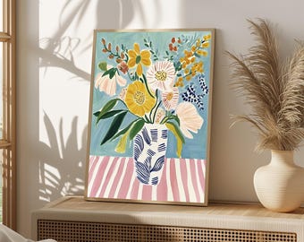 Stampa di pittura di vaso floreale, arte murale botanica moderna, bouquet di fiori colorati, download digitale, arredamento per la casa con natura morta astratta, 898