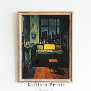 Stampa artistica di pianoforte malinconico, stampa artistica da parete per sala musica vintage scura, scena di pianoforte serale /420