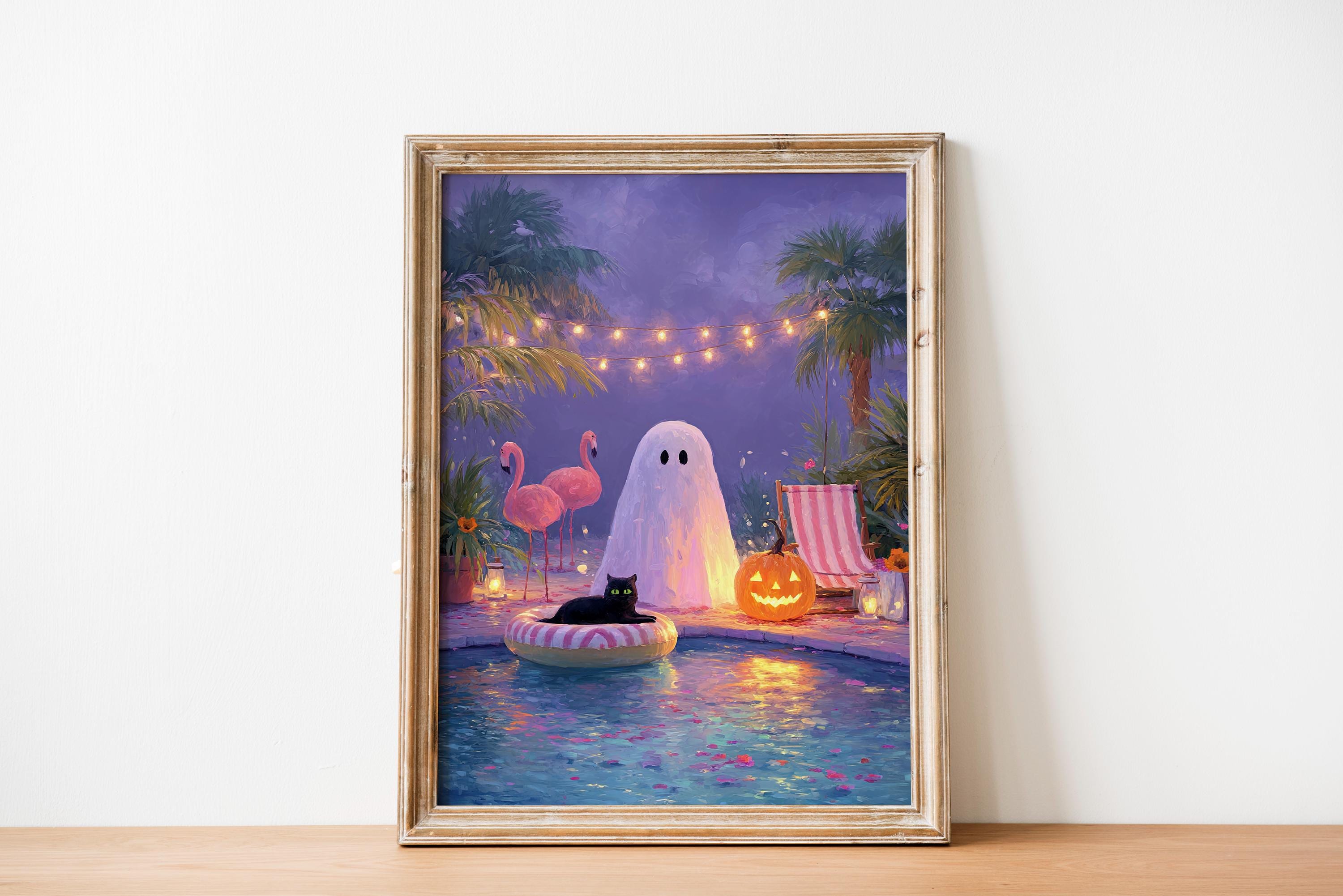 Halloween Pool Party Print – Spooky Ghost, Black Cat, Tropical