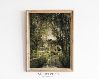 Sunlit Forest Stream Art Print, Impressionist Cottage Scene (Digital Print)