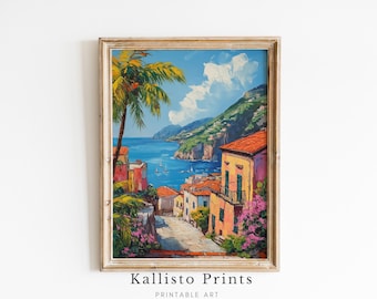 Colorful Mediterranean Coastal Village Print - Palm Tree & Sailboats Wall Art | Seaside Escape Decor/649