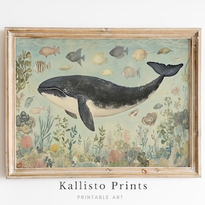 Lámina artística de ballenas y vida marina / Decoración costera oceánica (descarga digital) imagen 1