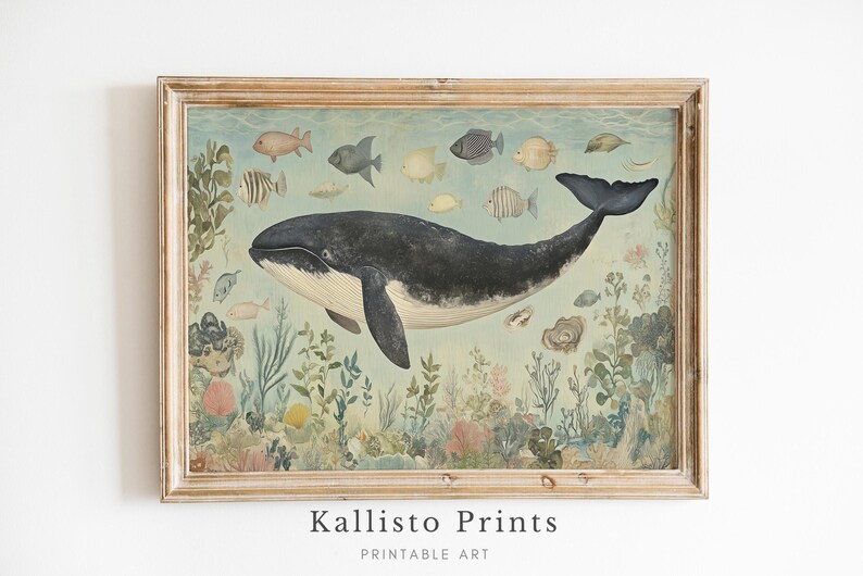 Lámina artística de ballenas y vida marina / Decoración costera oceánica (descarga digital) imagen 1