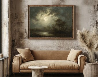 Vintage Moonlit Night Landscape Painting, Gothic Home Decor (Digital Print)
