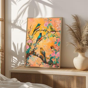 May include: A painting of five colorful birds perched on branches of a flowering tree. The birds are blue, green, yellow, and orange. The background is a soft orange color with white flowers.