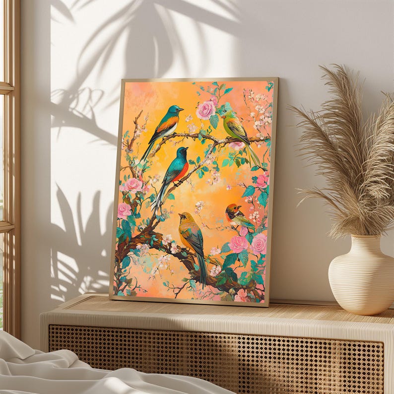 May include: A painting of five colorful birds perched on branches of a flowering tree. The birds are blue, green, yellow, and orange. The background is a soft orange color with white flowers.
