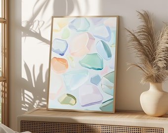 May include: A rectangular wall art print in a thin gold frame featuring an abstract pattern of smooth, translucent, pebble-like shapes in soft pastel shades of peach, mint green, lavender, sky blue, and pale yellow against a light background.