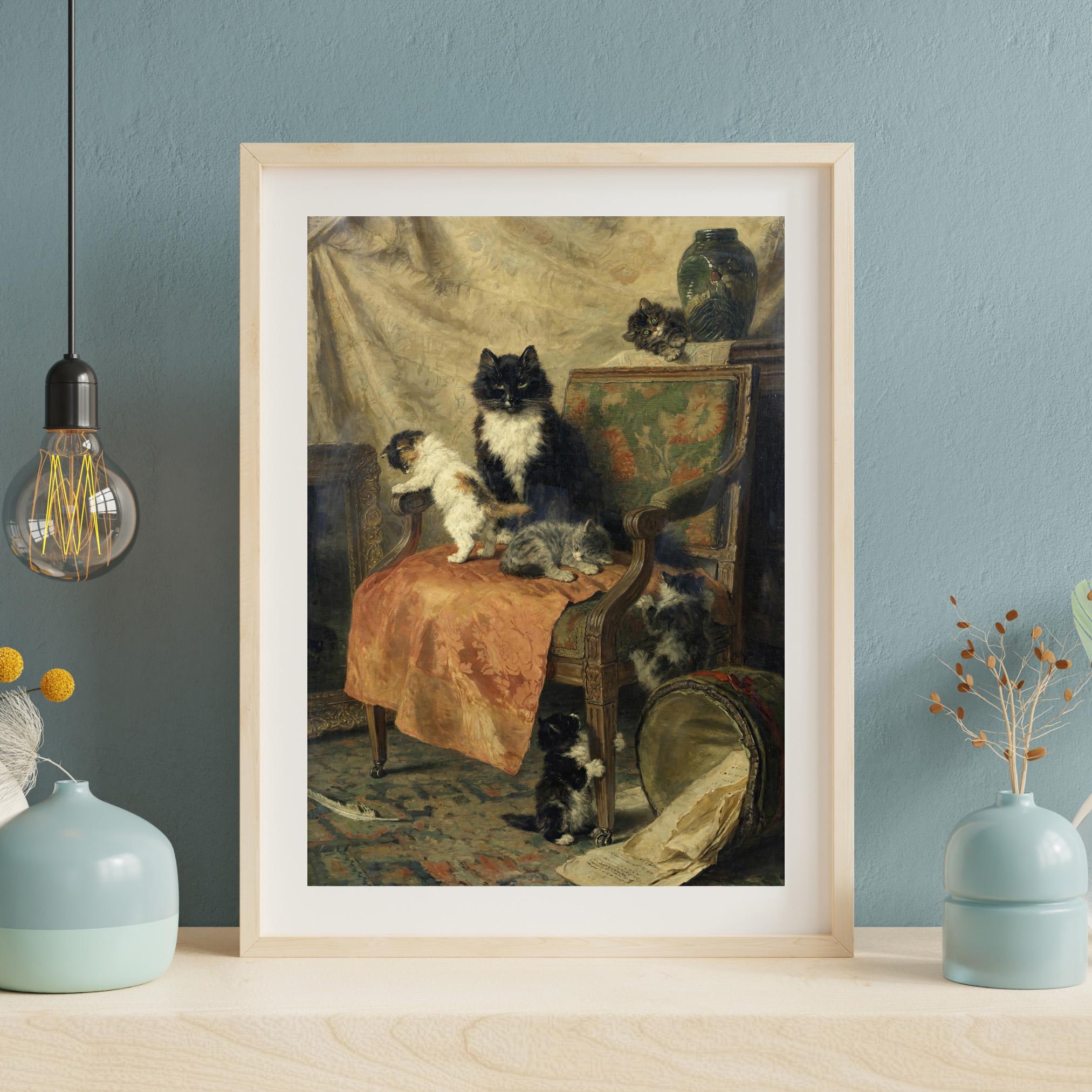 ヴィンテージチェアの上の遊び心のある子猫のアート | 素朴な猫の