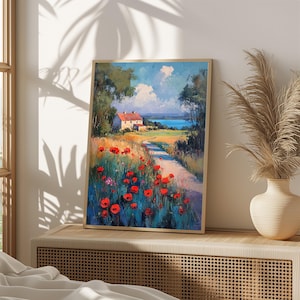 Poppy Field Cottage Painting, French Countryside Art Print, Impressionist Landscape, Cozy Farmhouse Decor, Gift For Nature Lovers 1044