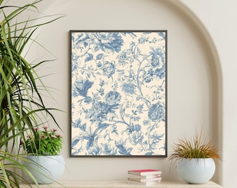 Blue Toile Floral Wall Art Download – French Country Botanical Print, Vintage Chinoiserie Style Home Decor for Bedroom or Kitchen 12