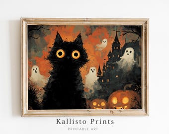 Halloween Cat Art Print – Spooky Black Cat, Haunted House (Digital Download)