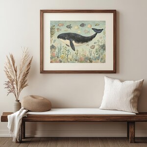 Lámina artística de ballenas y vida marina / Decoración costera oceánica (descarga digital) imagen 6