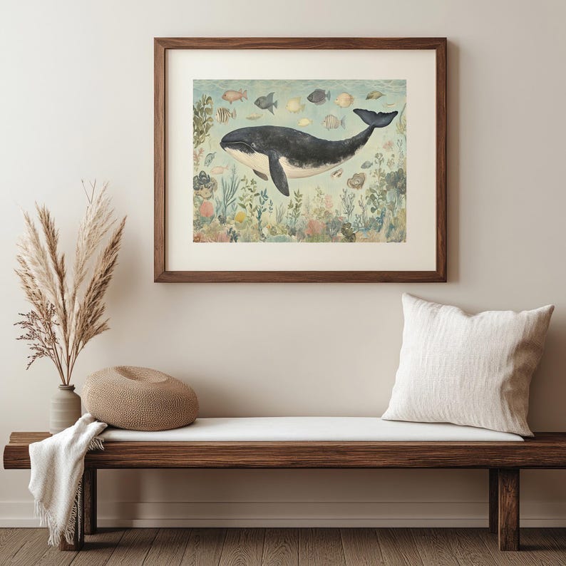 Lámina artística de ballenas y vida marina / Decoración costera oceánica (descarga digital) imagen 6