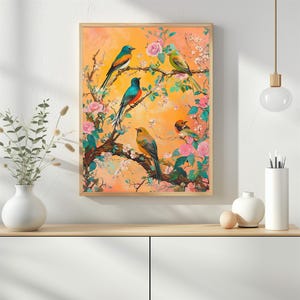 May include: A painting of five colorful birds perched on a branch of a flowering tree with pink blossoms. The birds are a mix of blue, green, yellow, and orange. The background is a soft orange.
