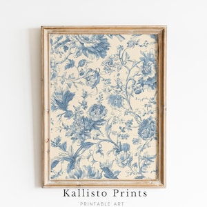 Blue Toile Floral Wall Art Download – French Country Botanical Print, Vintage Chinoiserie Style Home Decor for Bedroom or Kitchen 12